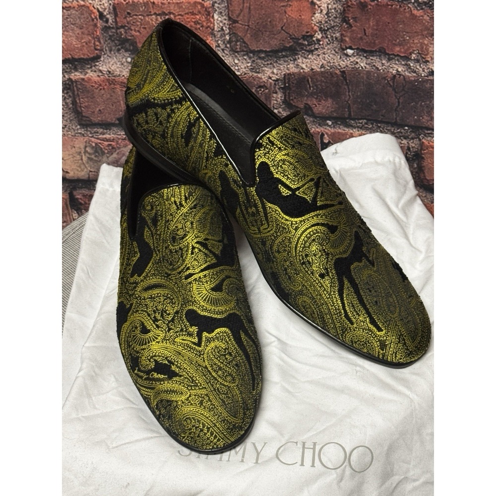 Jimmy Choo Gold Black Paisley Lady Camel Smoking Slippers Loafers EU 40 Italy